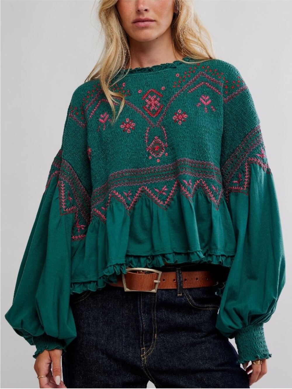Free People Teal Embroidered Ruffle-Hem Pullover - Picture 1 of 5